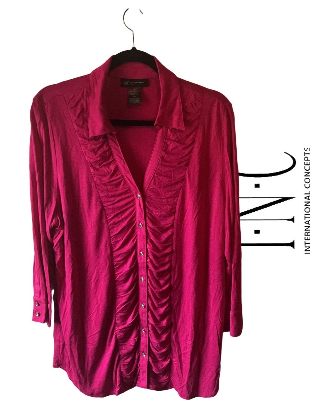 INC International Concepts Hot Pink Ruffle-Front Rhinestone Button Down Shirt